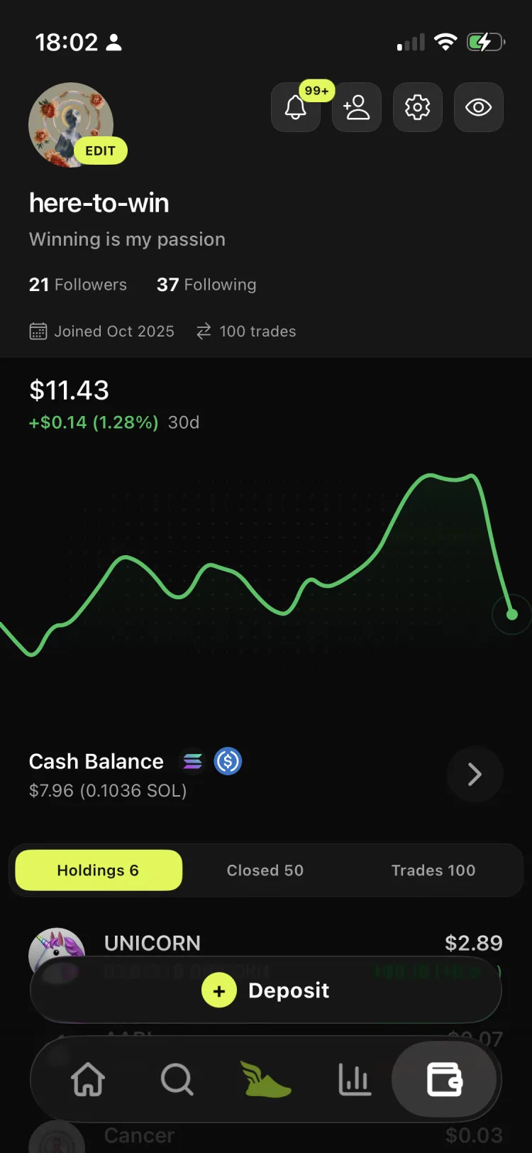 RUNNR trader profile, performance chart, and holdings