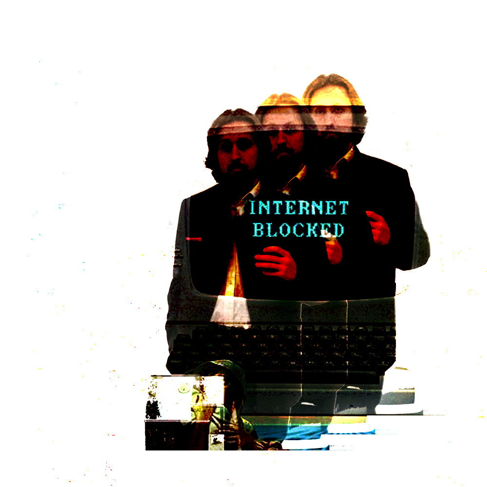 A glitched collage of a repeated figure behind an old computer monitor reading INTERNET BLOCKED.